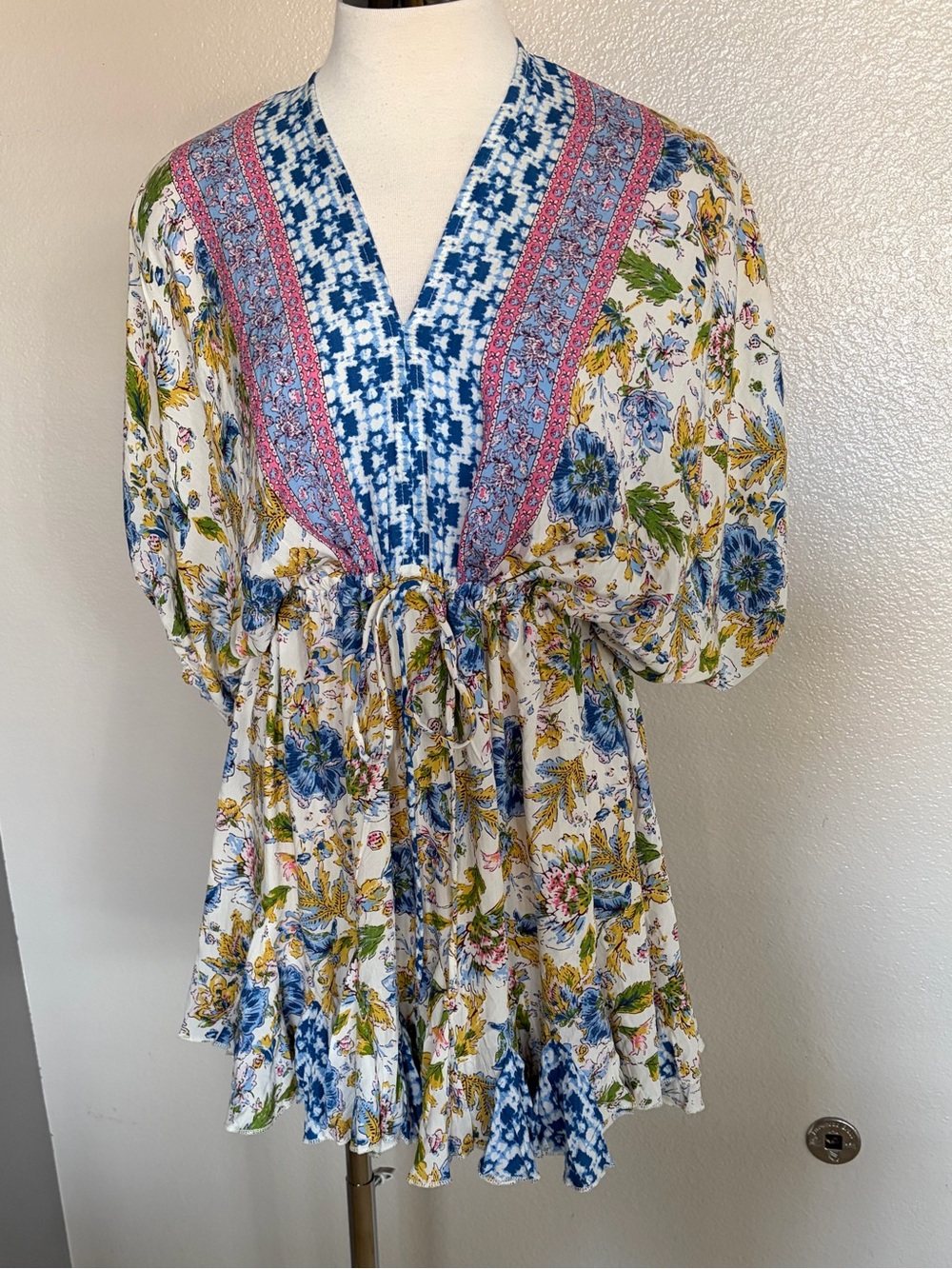 Blue Floral V-Neck Drawstring Mini Dress